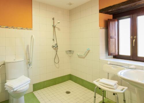 ein Bad mit einer Dusche, einem WC und einem Waschbecken in der Unterkunft Casa rural Restaurante Aranburu in Zestoa