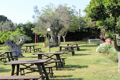 a bunch of picnic tables in a park at Agriturismo Santa Chiara in Alezio