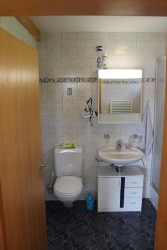 a bathroom with a toilet and a sink at Rutschi Ferienwohnung in Sumiswald
