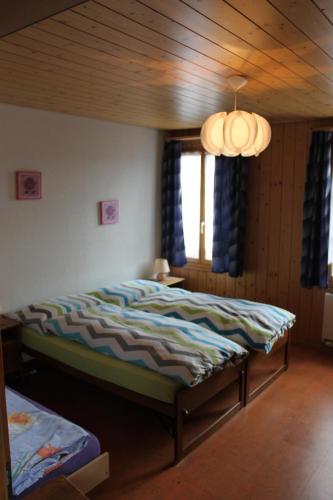 a bedroom with a bed and a chandelier at Rutschi Ferienwohnung in Sumiswald