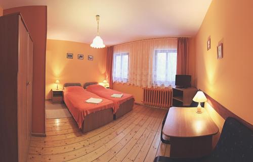 a hotel room with a bed and a television at Pensjonat Eldorado in Świeradów-Zdrój