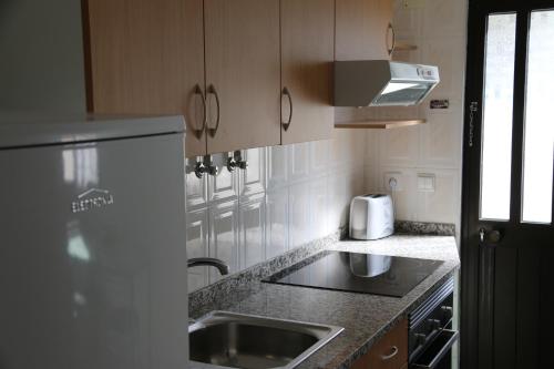 uma cozinha com um lavatório e uma bancada em Duplex na Nazaré na Nazaré