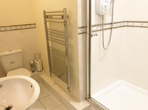 a bathroom with a shower and a toilet at Hartford Court in Bournemouth