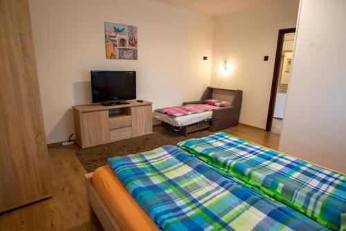 a room with two beds and a flat screen tv at Sándor Apartman in Balatonfüred