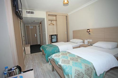 a hotel room with two beds and a television at Yildizoglu Hotel in Samsun