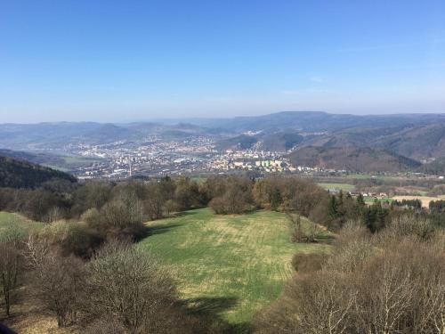 a green field with a city in the distance at Ubytování U Pekaře in Děčín