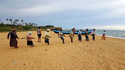a group of people standing on a beach pulling a boat at Grace Green Ville in Negombo