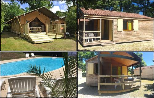 deux photos d'une petite maison et d'une piscine dans l'établissement Camping du Puy Rond, à Bressuire