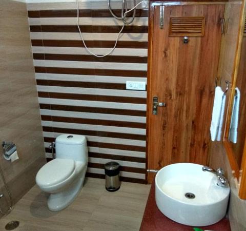 Łazienka z białą toaletą i umywalką w obiekcie The Golden Peak, Hotel w mieście Mukteshwar