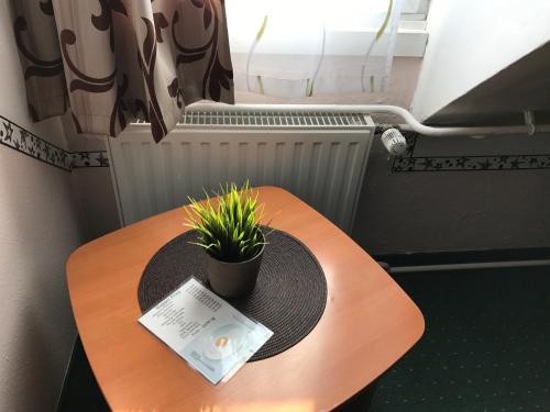 a wooden table with a plant on top of it at Romantik Étterem - Panzió in Tatabánya