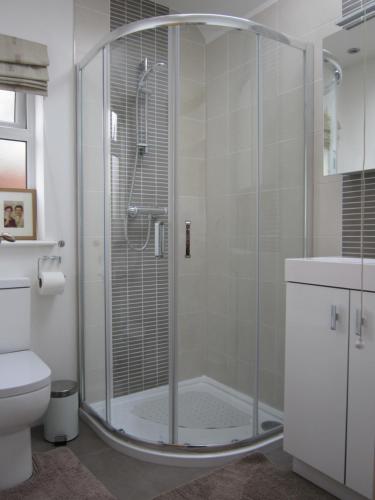 a shower with a glass door in a bathroom at Temeside Garden House in Ludlow