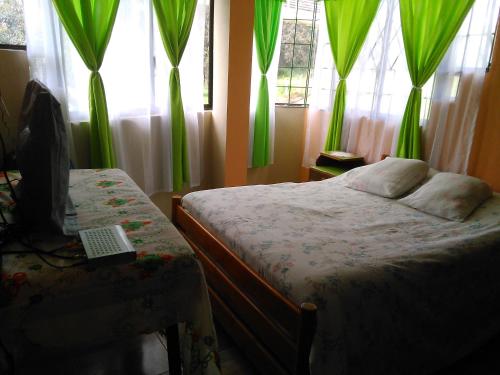 a bedroom with a bed with green curtains and a window at Casa Huespedes El Molino in Tababela