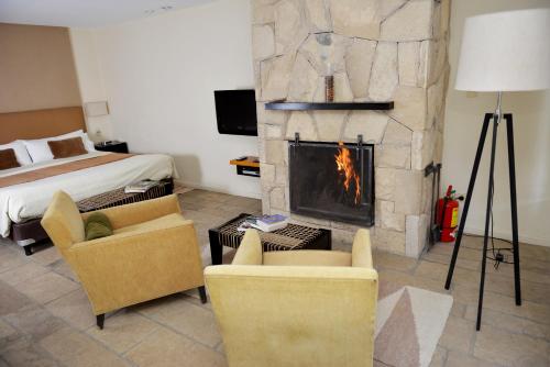 a living room with a fireplace and a bed at Galileo Boutique Hotel in San Carlos de Bariloche