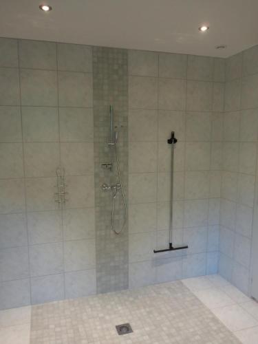 une salle de bain avec une douche avec une porte vitrée dans l'établissement Gite La Germinette, à Plan-de-Baix