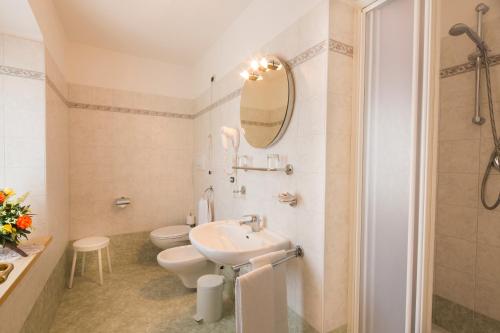a bathroom with a sink and a toilet and a mirror at Albergo Alpino in Arabba