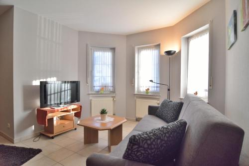a living room with a couch and a tv at Ferienwohnung Weingarten in Klotten