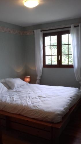 um quarto com uma grande cama branca e uma janela em Gite du Vieux Charme em Saint-Amand-en-Puisaye