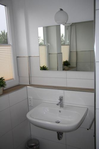 a bathroom with a sink and a mirror at Ferienhaus Sophie in Thülsfeld