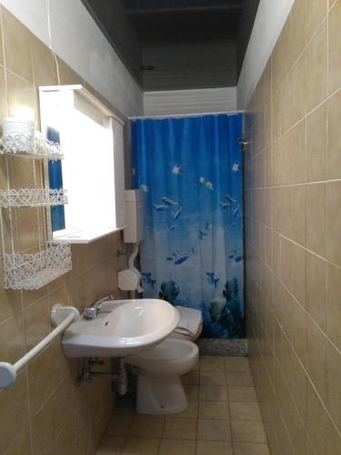 a bathroom with a sink and a toilet and a blue shower curtain at Affittacamere Trattoria Della Cascata in Oggebbio