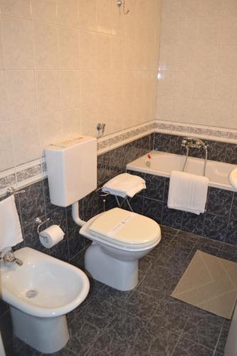 a bathroom with a toilet and a sink and a tub at Hotel Il Gatto in Rapallo