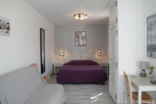 ein Schlafzimmer mit einem Bett, einem Sofa und einem Tisch in der Unterkunft Chambres d'hôtes Le Puid de Gauthier in Saturargues