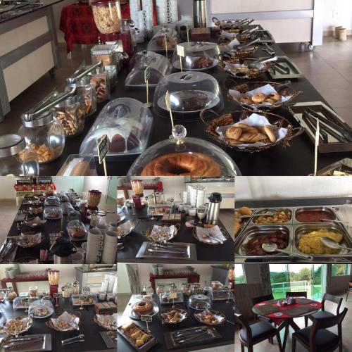 un collage de photos d'un buffet avec de la nourriture dans l'établissement Pousada Luna Zen, à Pirenópolis