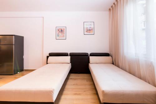 une chambre avec deux lits et une fenêtre dans l'établissement Ibar Apartment & Garage, à Plovdiv