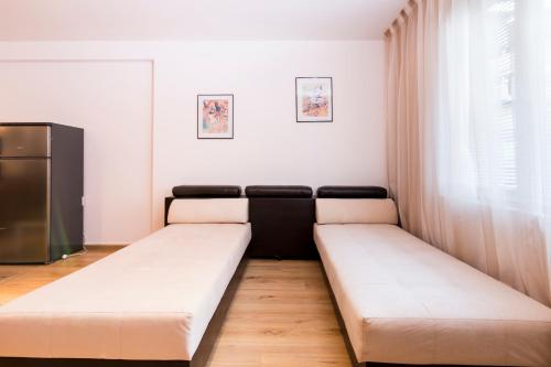 Habitación con 2 camas y ventana en Ibar Apartment & Garage, en Plovdiv