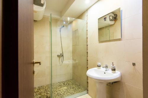 une salle de bains avec douche, lavabo et toilettes dans l'établissement Ibar Apartment & Garage, à Plovdiv