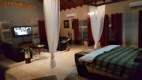 a bedroom with a bed and a couch and a television at Carolina Point Resort in Crown Point