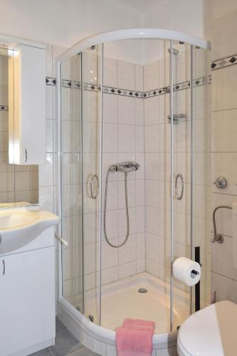 a bathroom with a shower with a sink and a toilet at Echt-Harz-Fewo in Bad Harzburg