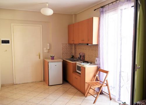a kitchen with a small stove and a refrigerator at Aella Studios in Panagioúda