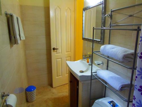 y baño con lavabo, espejo y aseo. en Casa del Sol Bed and Breakfast en Contadora