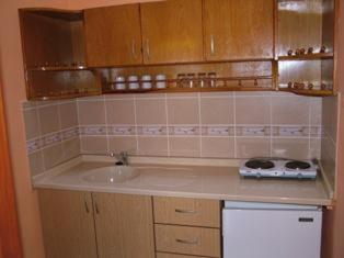 Il comprend une cuisine équipée d'un évier et d'une cuisinière. dans l'établissement Gultepe Apartments, à Kusadası