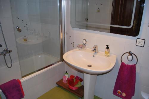 a bathroom with a sink and a shower at Casa rural Puente Mocho in Ledesma
