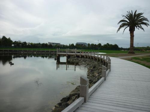 a wooden bridge over a lake with a palm tree at Courtenay B & B in Kaiapoi