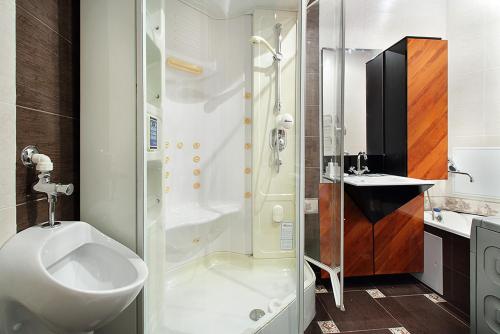 ein Bad mit einer Dusche, einem WC und einem Waschbecken in der Unterkunft Art Deco Apartment on Kyrova 5 in Wizebsk