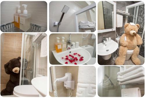 a collage of pictures of a bathroom with a teddy bear at Hai Yang Homestay in Ji'an