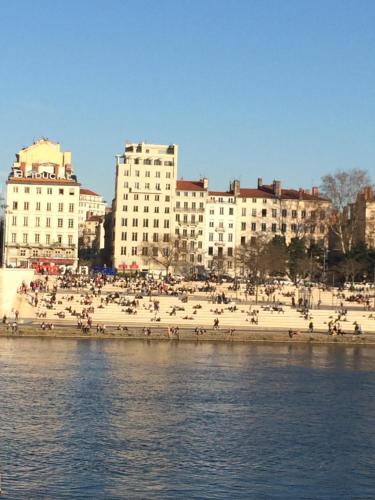 a group of people on a beach near the water at Mon Appart A GERLAND II in Lyon