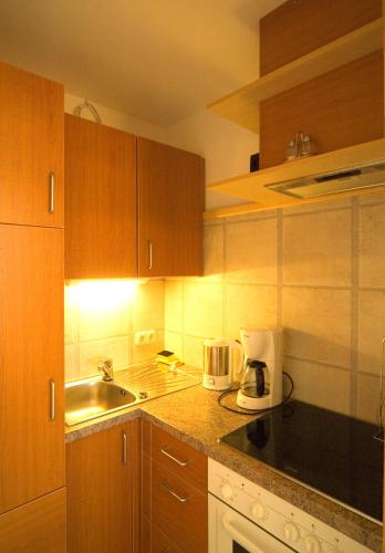 a kitchen with wooden cabinets and a sink at Gästehaus Rosi in Fieberbrunn
