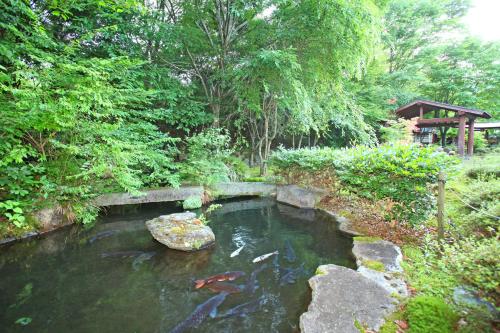 a pond filled with kites in a garden at Chikurakutei in Minami Aso