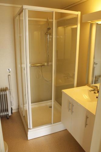 una doccia in vetro in un bagno con lavandino di Hedmarktoppen a Hamar