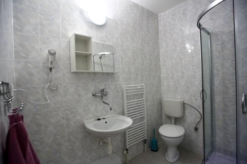 a bathroom with a sink and a toilet and a shower at Európa Penzión in Štúrovo