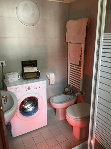 a bathroom with a pink washing machine and a toilet at La Maison di La Thuile in La Thuile