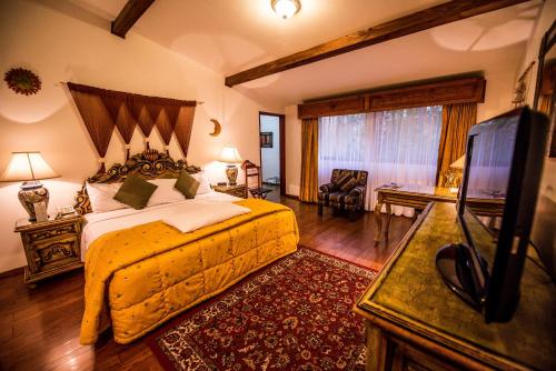 um quarto com uma cama e uma televisão de ecrã plano em Hotel La Mansion del Sol em Guadalajara