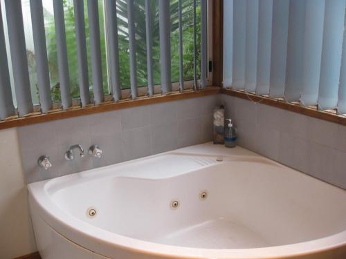 a bath tub in a bathroom with a window at A River Bed Cottage in Aireys Inlet