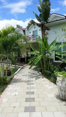 a walkway in front of a house with palm trees at Oliver Tree B&B in Fenglin