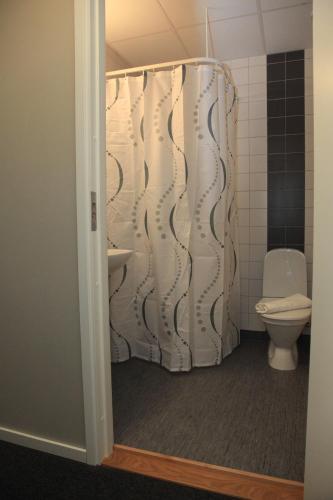 a bathroom with a shower curtain and a toilet at Tylebäck Hotell & Konferens, BW Signature Collection in Halmstad