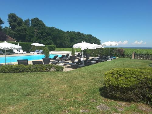 a swimming pool with chairs and umbrellas and the ocean at Château de Pizay in Belleville-sur-Saône