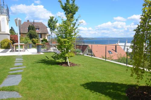 a green yard with a tree in the grass at Appartements Vacances Saars 33 in Neuchâtel